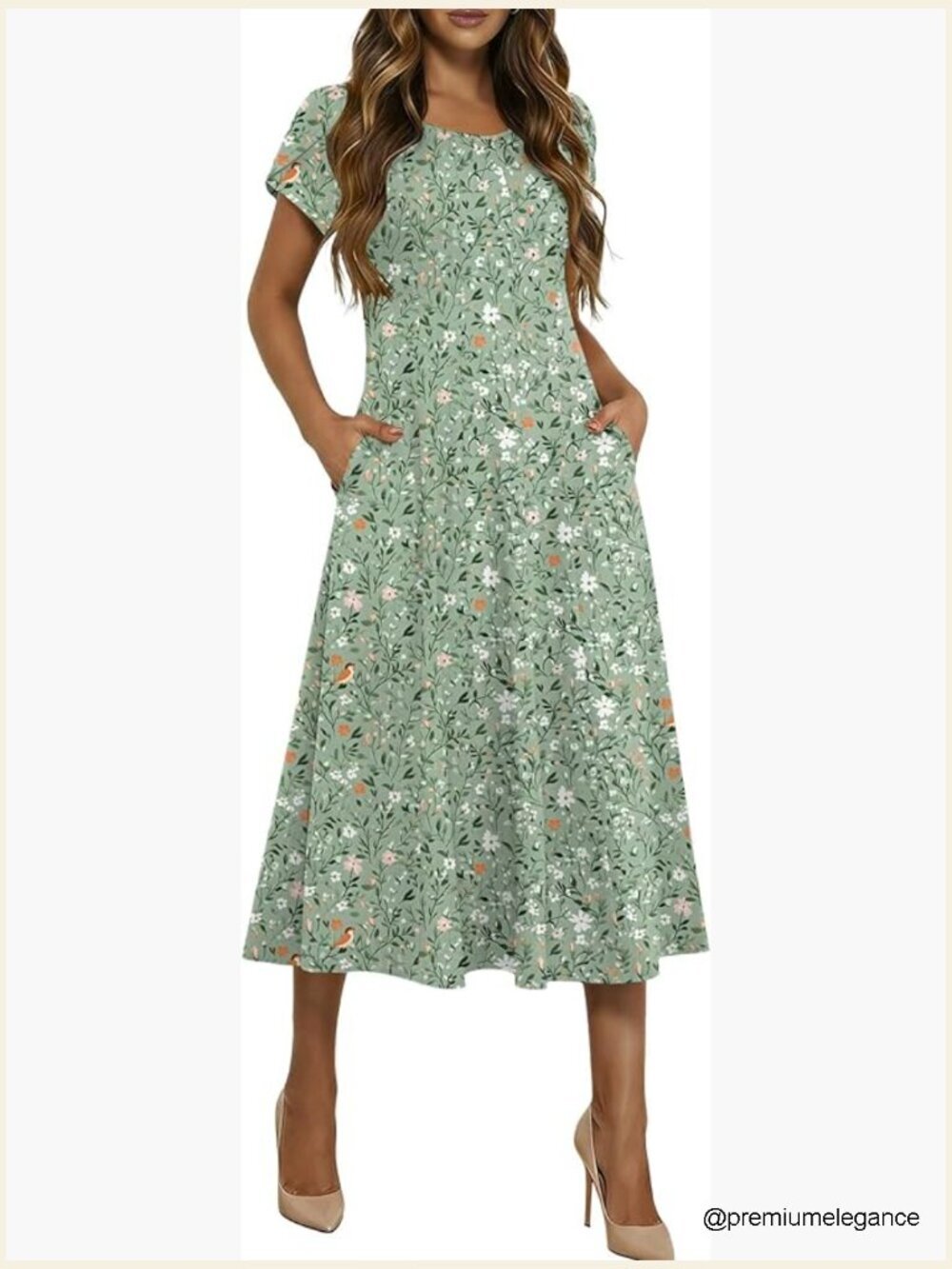 Loose Fit Midi Dress with Petal Sleeves, A-Line Flare, Two Pockets - Picture 1 of 7
